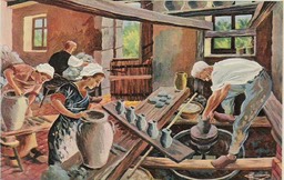 La Borne. Gouache de Charles Homualk, le travail dans un atelier de poterie.